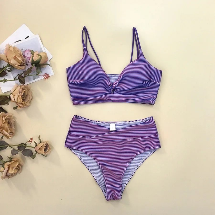sexy purple striped print knot bikinis sets two pieces high waist thong swimsuits bathing suit swimwear biquini tankini trikini