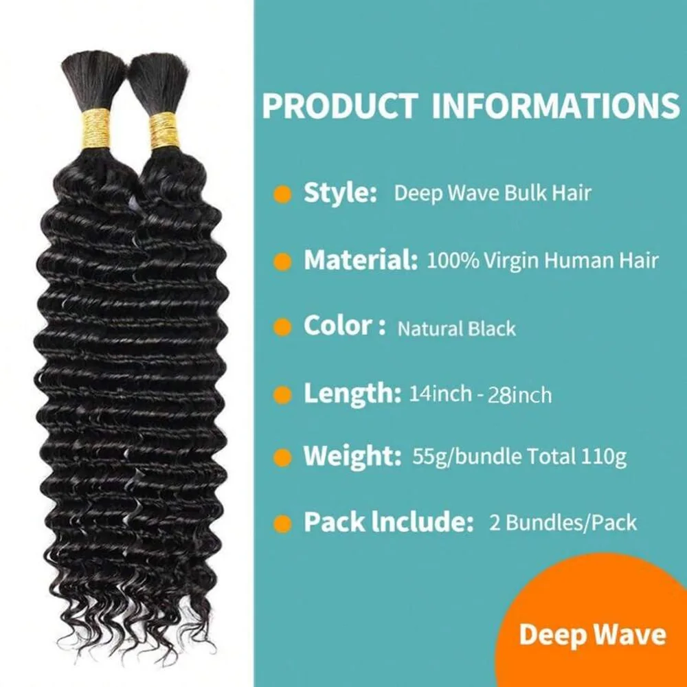 Cabello trenzado humano, cabello humano a granel de onda profunda de 26 pulgadas para trenzar, sin trama, 110g (2 paquetes-1 paquete), Ha humano rizado virgen brasileño