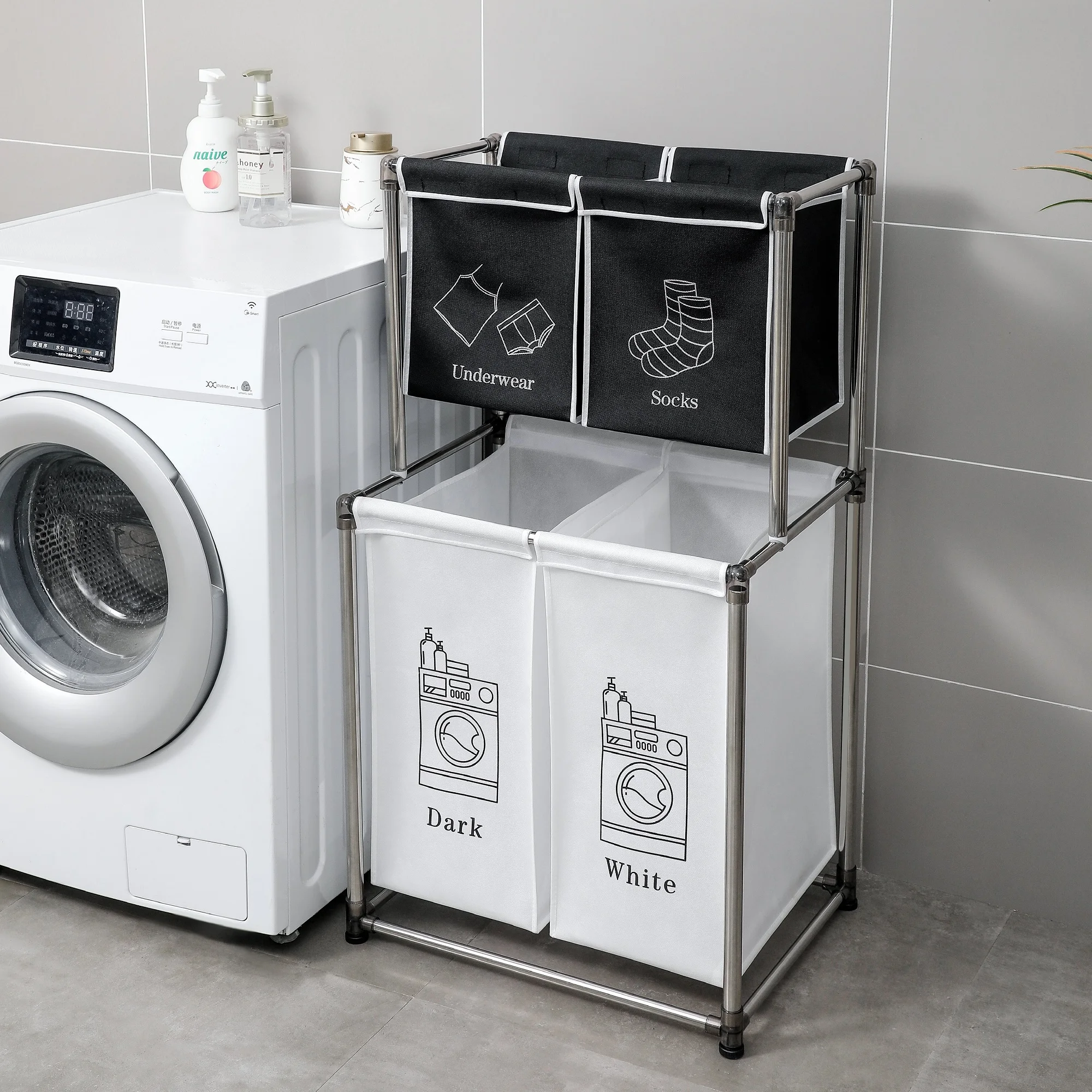 

Laundry Hamper 2 Tier Laundry Sorter, 4 Removable Bags for Organizing Clothes,Clothing classification,large capacity,Waterproof