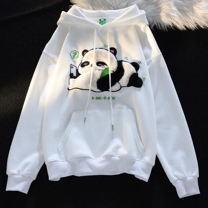 Winter Thicken Hoodies Chinese Flocking Embroidery Kawaii Cartoon Panda Hooded Sweatshirt Couple Matching Cute Fleece Pullovers