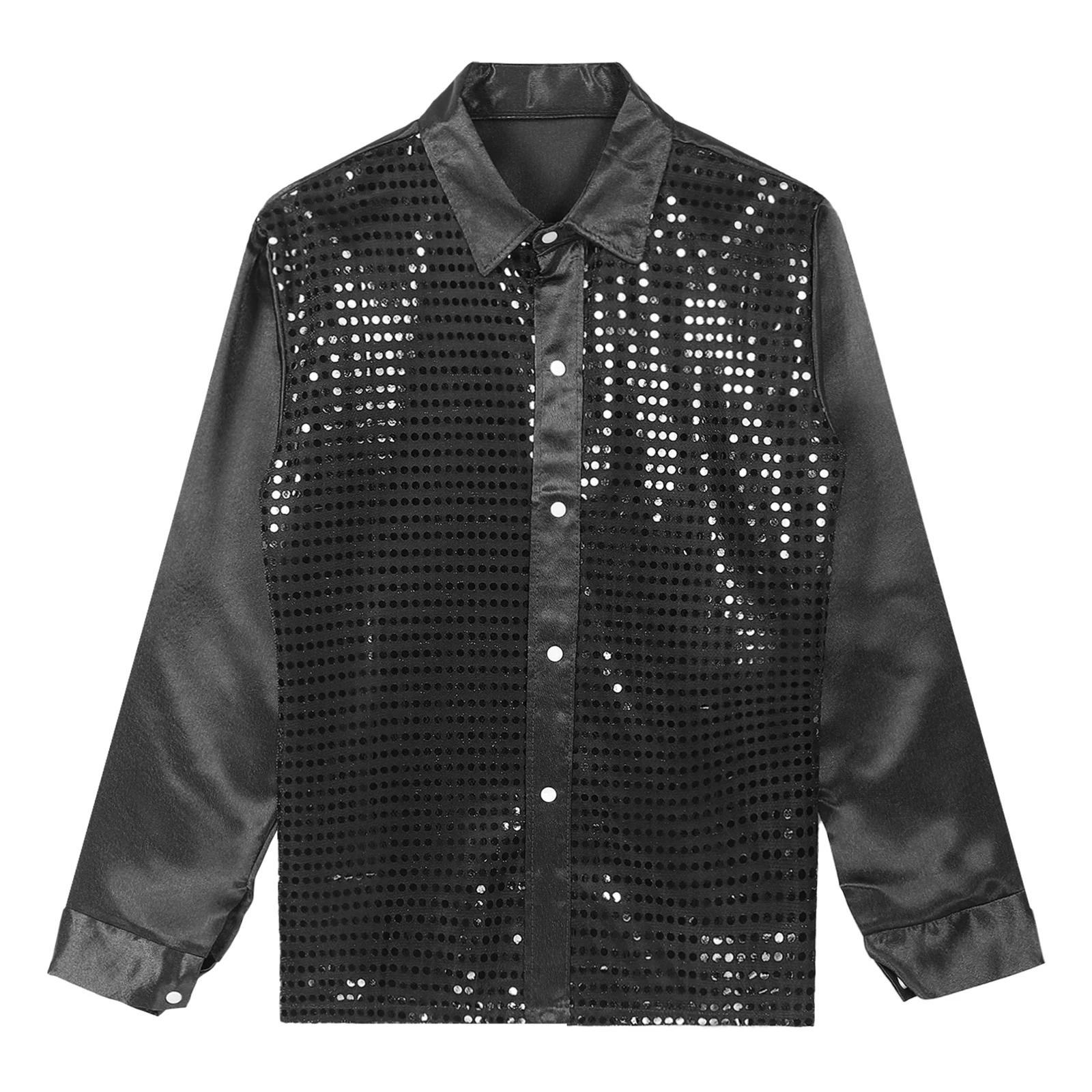 Men Hip Hop Jazz Latin Street Dance Pole Dancing Performance Clothes Long Sleeve Shiny Sequin Lapel Shirt Tops for Party Prom