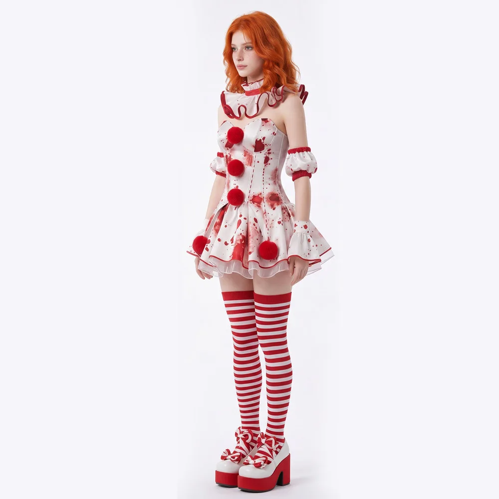 Horror Bloodstain Printed Clown Cosplay Costume Bloodstained Dress with Accessories Full Set for Women Halloween Theme Party Cos view 5