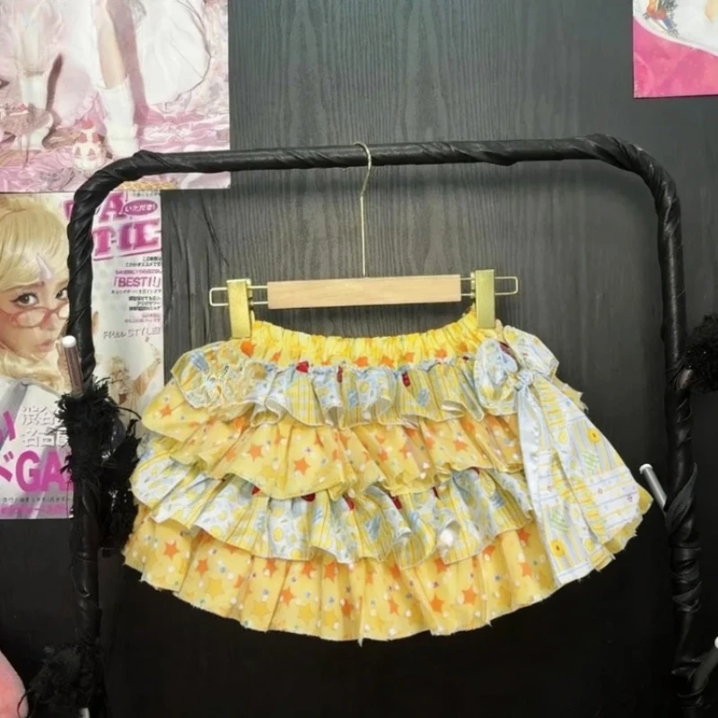 

Милая юбка в стиле лолита для женщин, японская, с высокой талией, с оборками, А-силуэт, мини-юбка-тортик, винтажная, в стиле Y2K, повседневная, для вечеринок