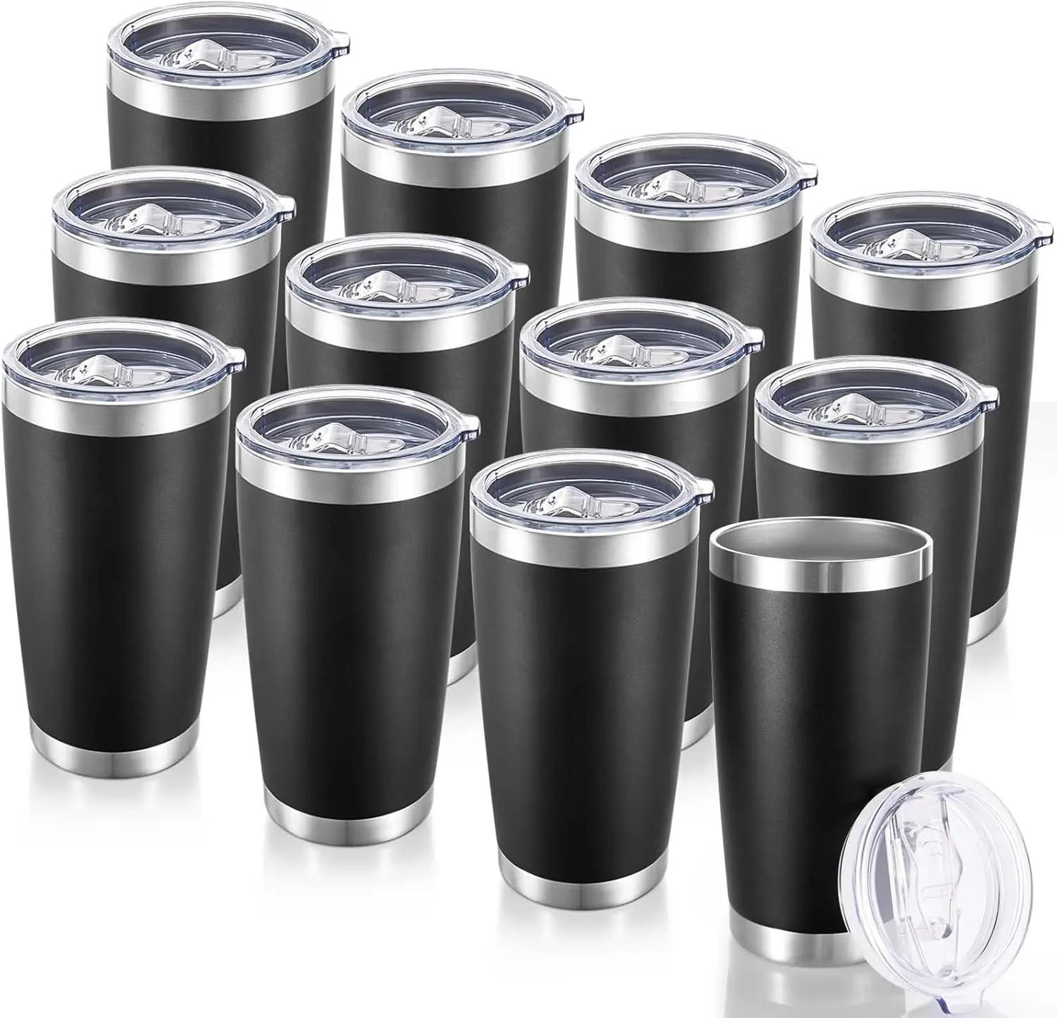 

20oz Stainless Steel Insulated Tumblers with Lids, 12-Pack for Hot/Cold Drinks, Black Powder Coated
