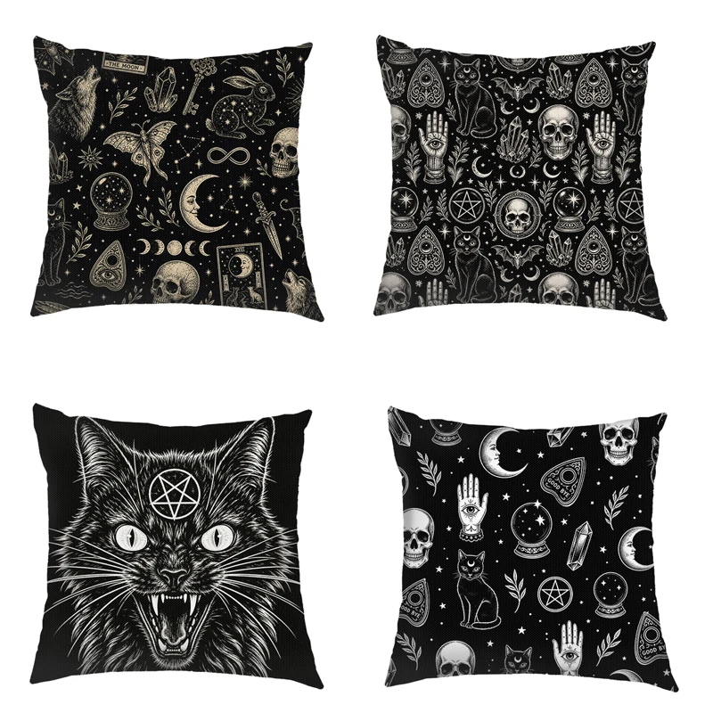 Magical Black Cat Skull Ouija Board Pillowcase Witchcraft Cushion Cover Death Life Wicca Throw Pillow Cover for Living Room Sofa