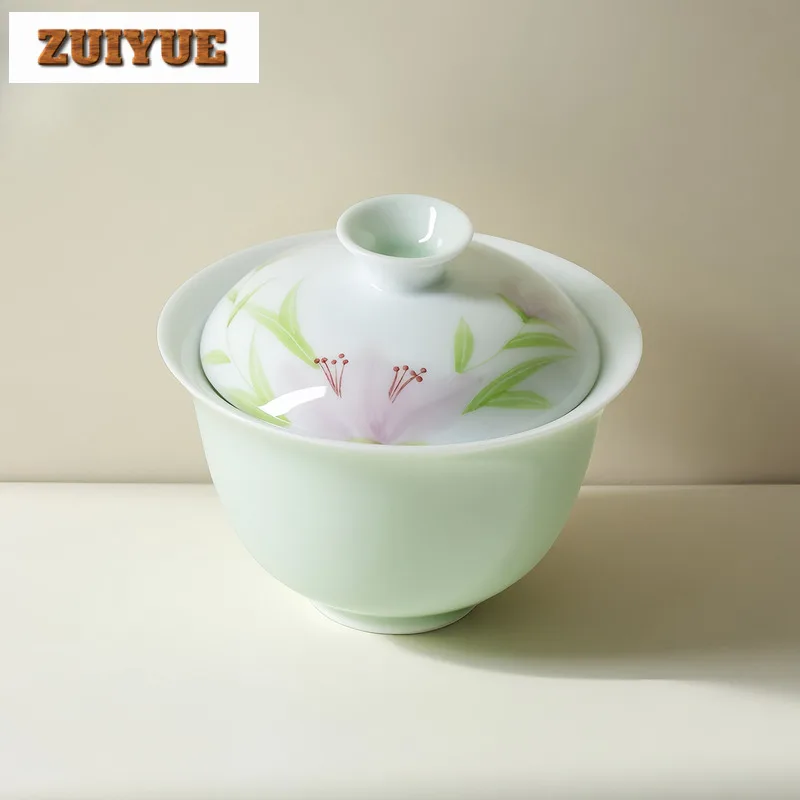 130 مللي الأخضر رسمت باليد الزنبق البري Gaiwan خمر الشاي تورين براد شاي مع غطاء عدة صنع الشاي غطاء وعاء درينكوير الديكور #1