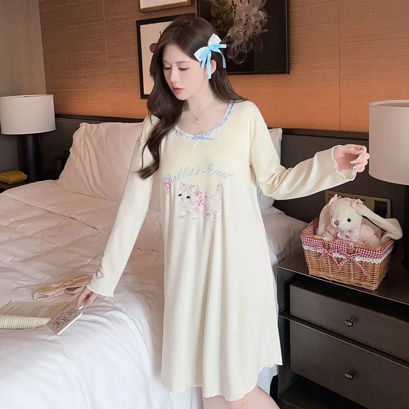 

Весна 2025 года, модальная ночная рубашка с длинными рукавами и милым рисунком для женщин, корейская свободная одежда для сна, женское ночное платье, ночная рубашка, домашняя ночная рубашка