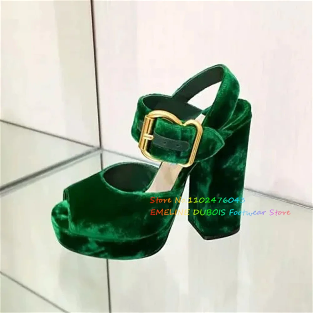 Grenn Velvet High Heeled Sandals for Women Open Toe Chunky Heel Buckle Strap Platform Elegant Solid Color Party Dress Shoes