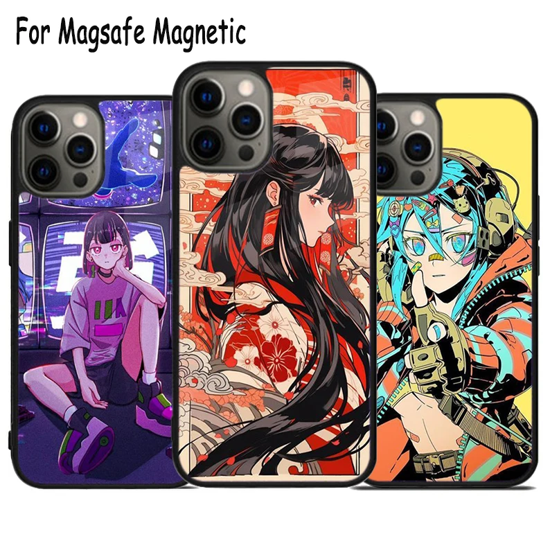 Vaporwave Glitch Anime girl Wireless Charge Magsafe Phone Case For iPhone 15 16 14 13 11 12 Pro Max Plus Magnetic Bumper Cover