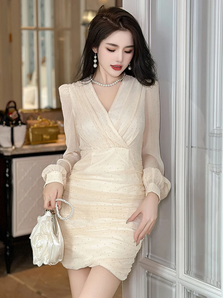 Fashion Elegant Mini Dress for Woman Sweet Sheer Chiffon Bright Diamond Rhinestone Folds Short Gown Party Vestidos Date Clothes