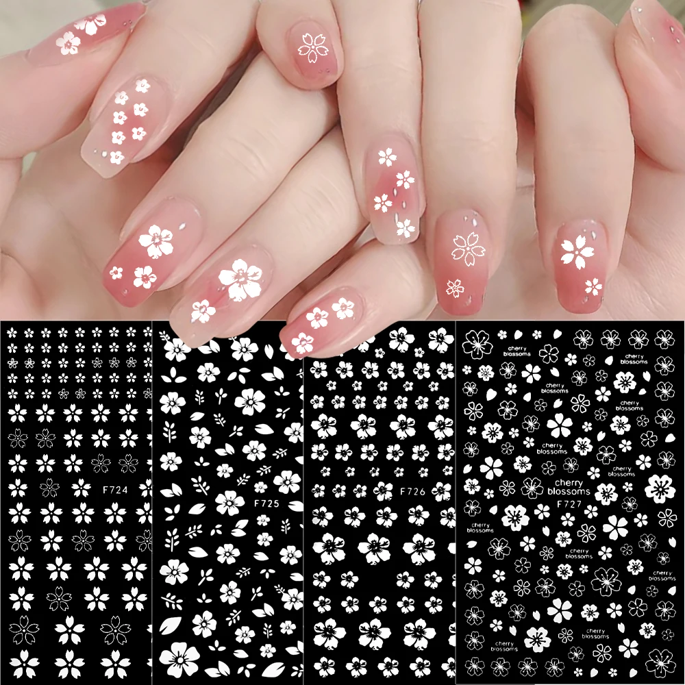 Sweet Nail Art Sticker Cherry Blossom Patterns 3D Nail Stickers White Flower Petals Wedding Design Spring Manicure Slider Decor