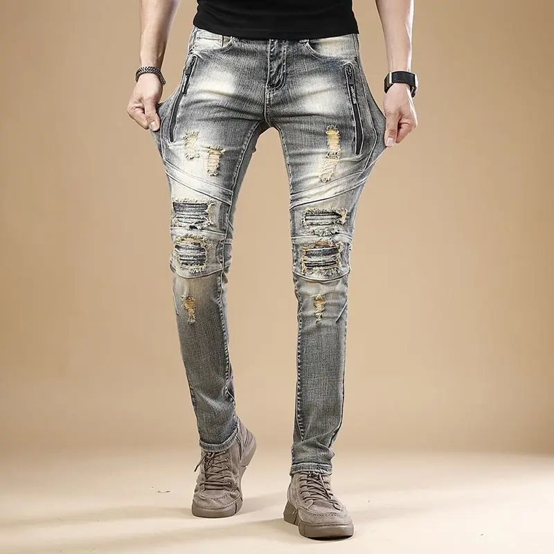 Jeans Sepeda Motor untuk Celana Panjang Pria Bertumpuk Klasik Lembut Retro Buggy Dicuci Tren 2025 Y2k Celana Koboi Pria Meruncing Katun Antik