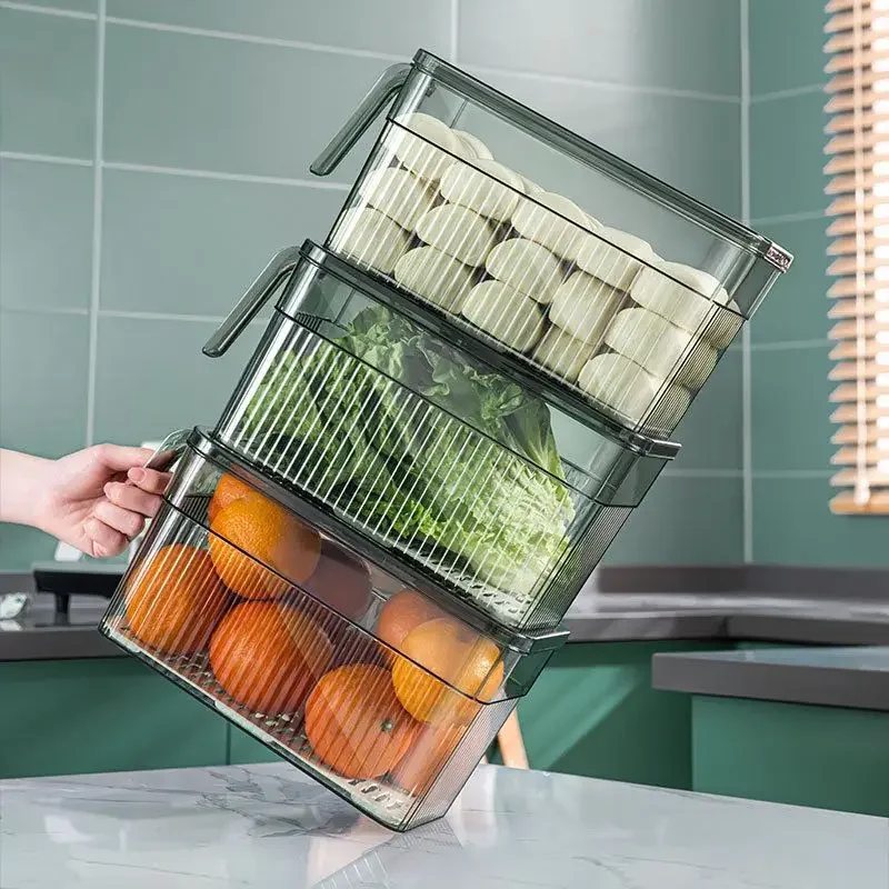 Unbreakable Kitchen Storage Basket Food Timing Freezing Handle Crisper Box Transparent Food Drain Sealed Organizer