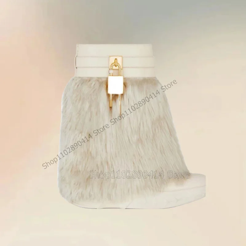 

Gold Lock Beige Fur Decor Mid Calf Platform Boots Slip On Women Shoes High Top Novel Party Feast Runway 2024 Zapatos Para Mujere