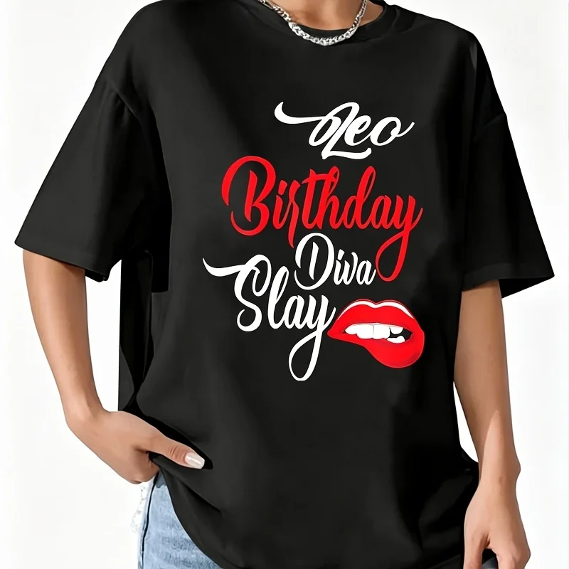 Womens Leo Astrology Birthday Diva Slay Sexy Lip Bite Birthday Vibe Women's 100% Cotton T-Shirt Short Sleeve Top Casual Round Neck Fun Print Tee S-5Xl
