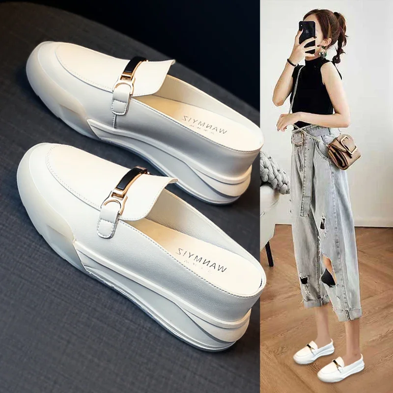 

Women's Half Dragged Sandals 2024 New Fashionable Leather Slippers with Thick Bottom and Comfortable Cover for Outer Wearing