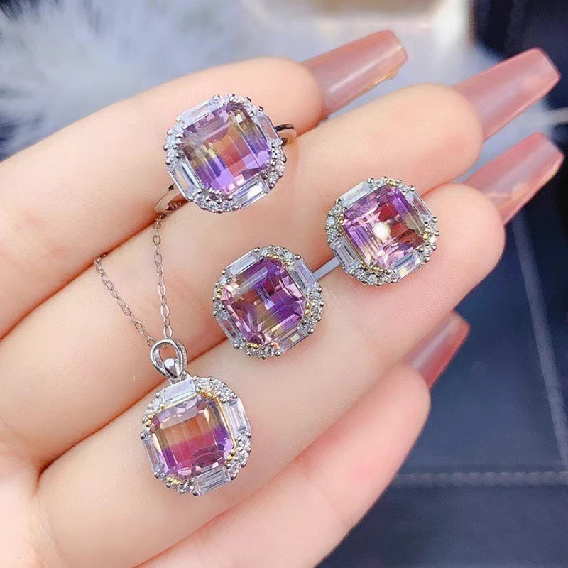 

MeiBaPJ Natural Ametrine 925 Silver Square Necklace Earrings and Rings Jewelry Set for Women Wedding Party Fine Jewelry