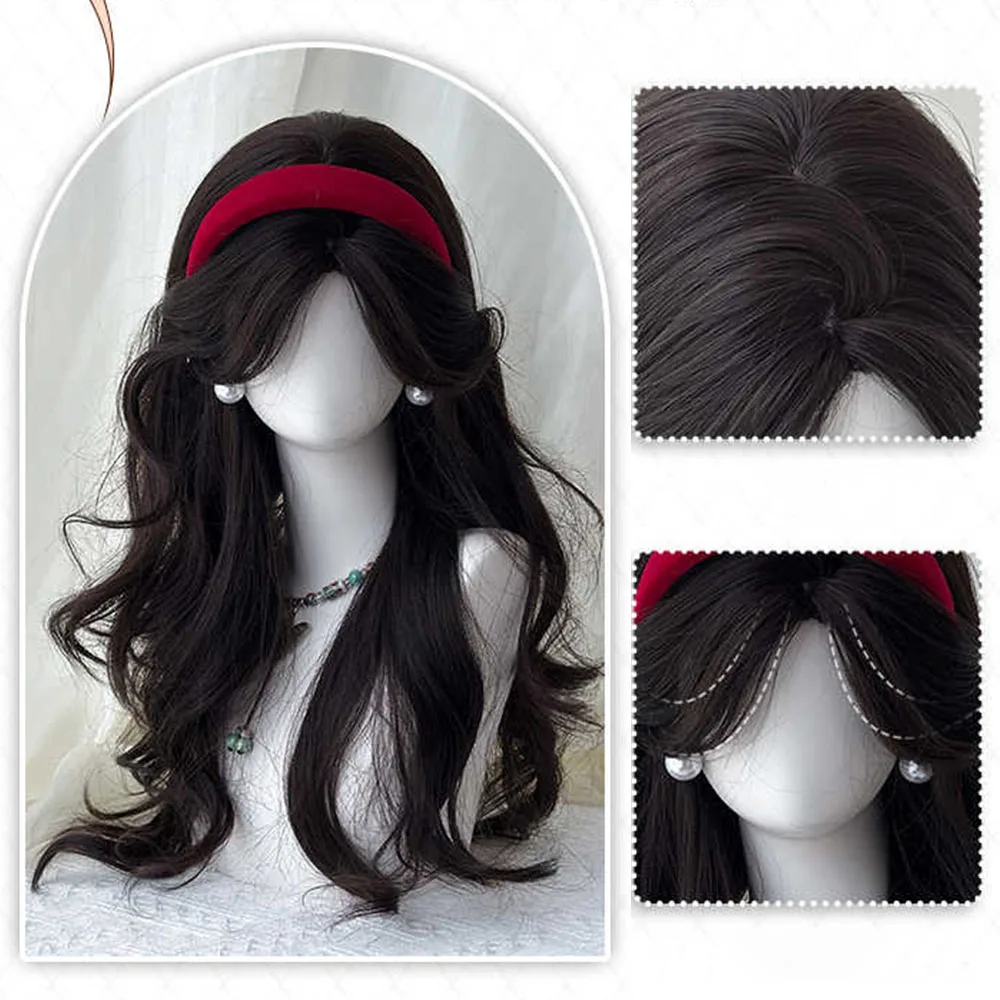OLACARE Synthetic Gold Brown Black Wavy Wigs for Women with Bangs Long Natural Hair Wig Daily Cosplay Heat Resistant