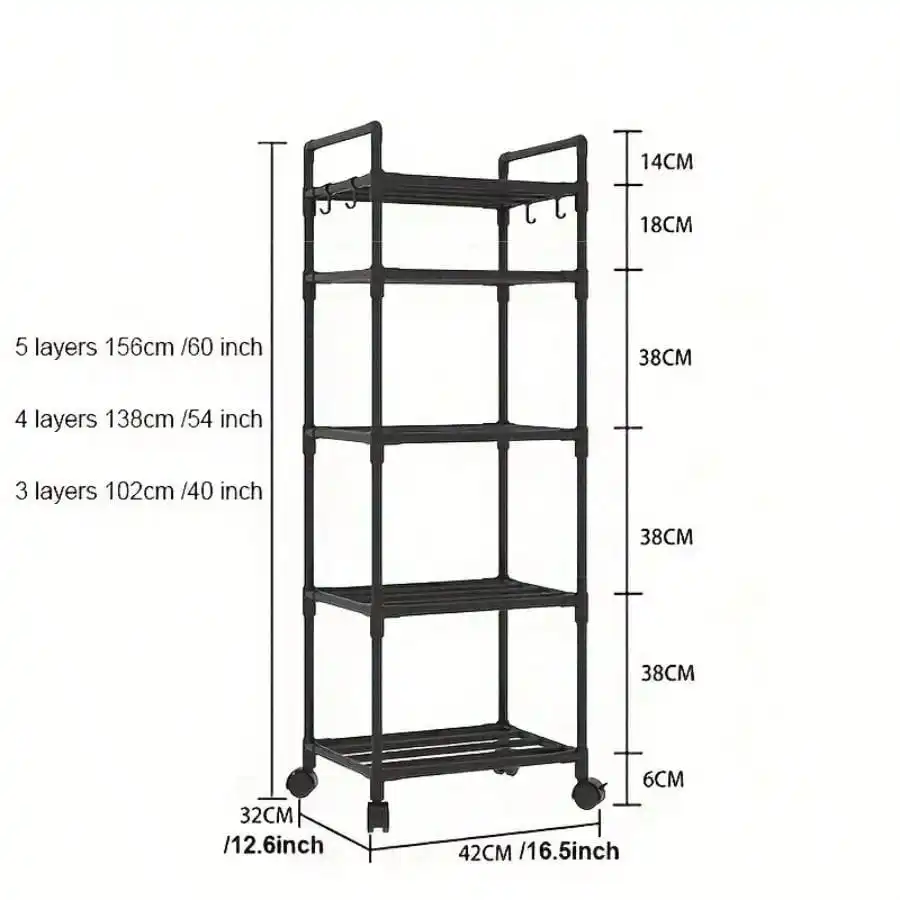 5 Tier Black Storage Rack, Multi-Functional Kitchen Shelf With 4 Hooks, Practical, With Wheels, Easy To Move, Strong Load-Bearing Capacity, Suitable For Kitchen, Bathroom, Warehouse, Office And Other Scenarios