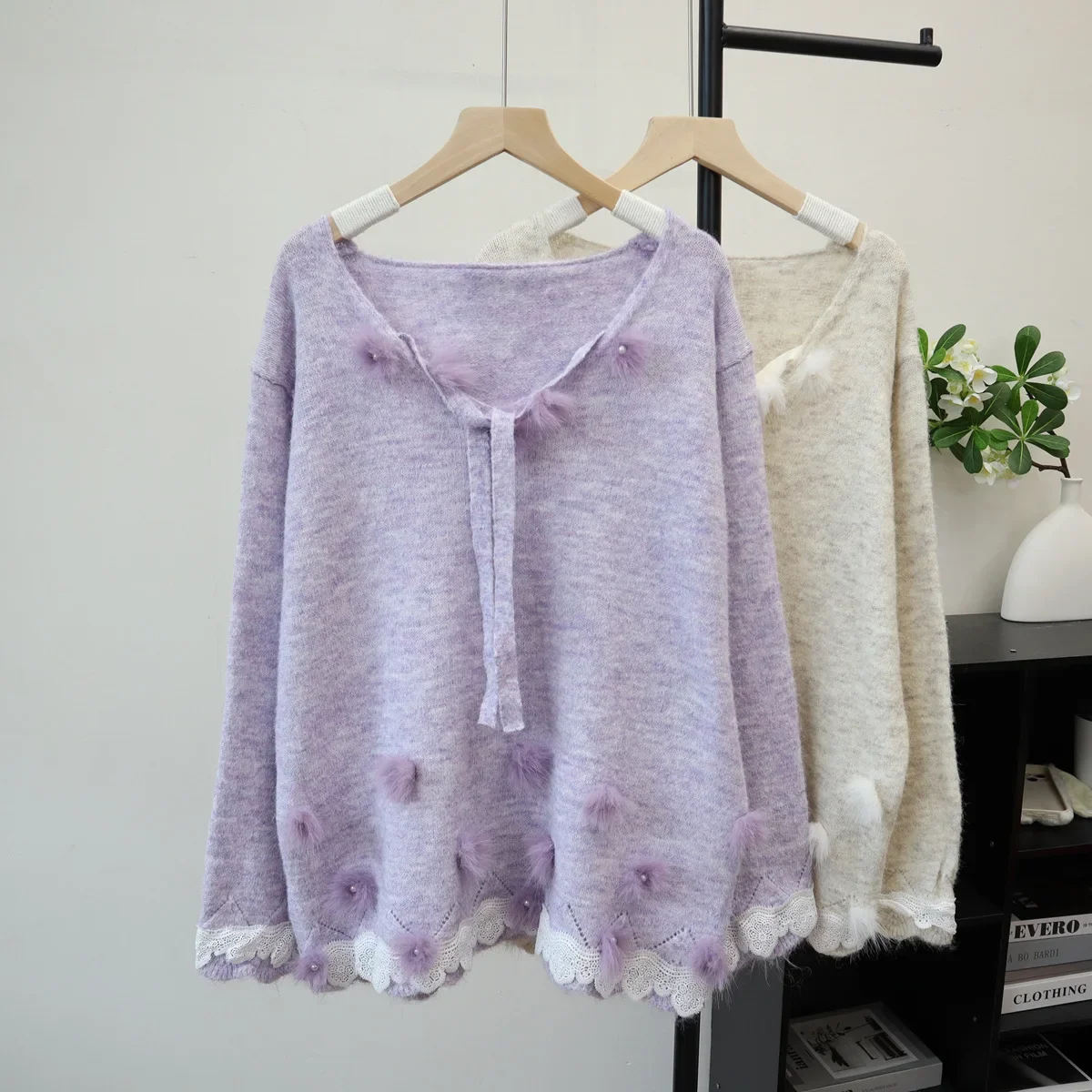 

Pullovers Women Sweaters Knitted V Neck Full Sleeve Jumpers Y2k Streetwear Elegant Splice Knit Casual Loose Autumn Winter 2025