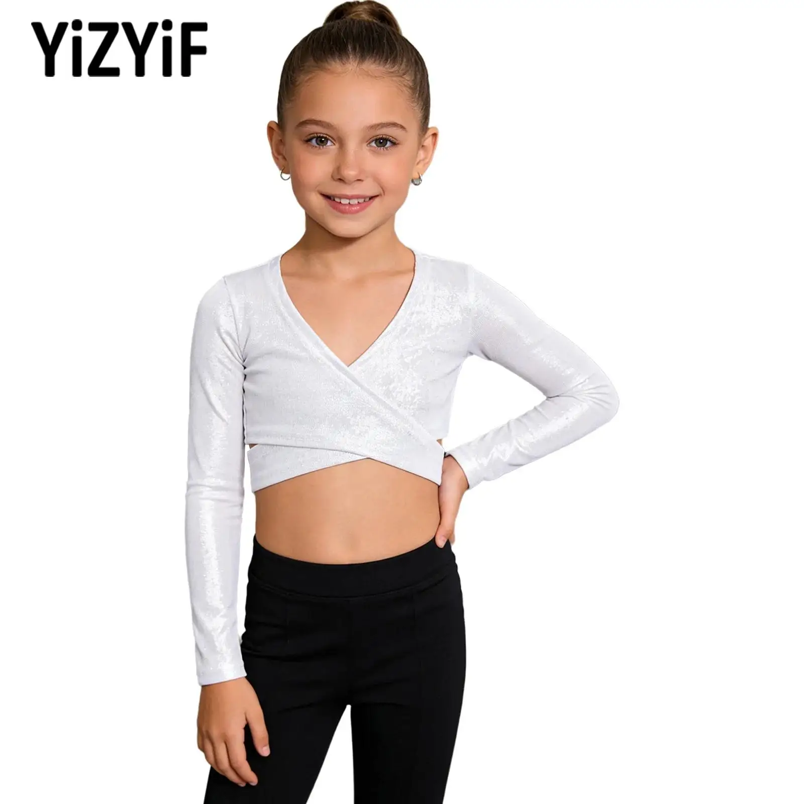 Child Girls Self-Tie Wrap Tops Dancewear Party Long Sleeve Metallic Crop Top for Hip-Hop Jazz Street Dance Class Competition