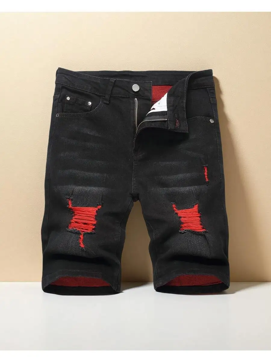 

Mens Slim Fit Ripped Denim Shorts With Red Stitching Casual Stretch Waist Shorts