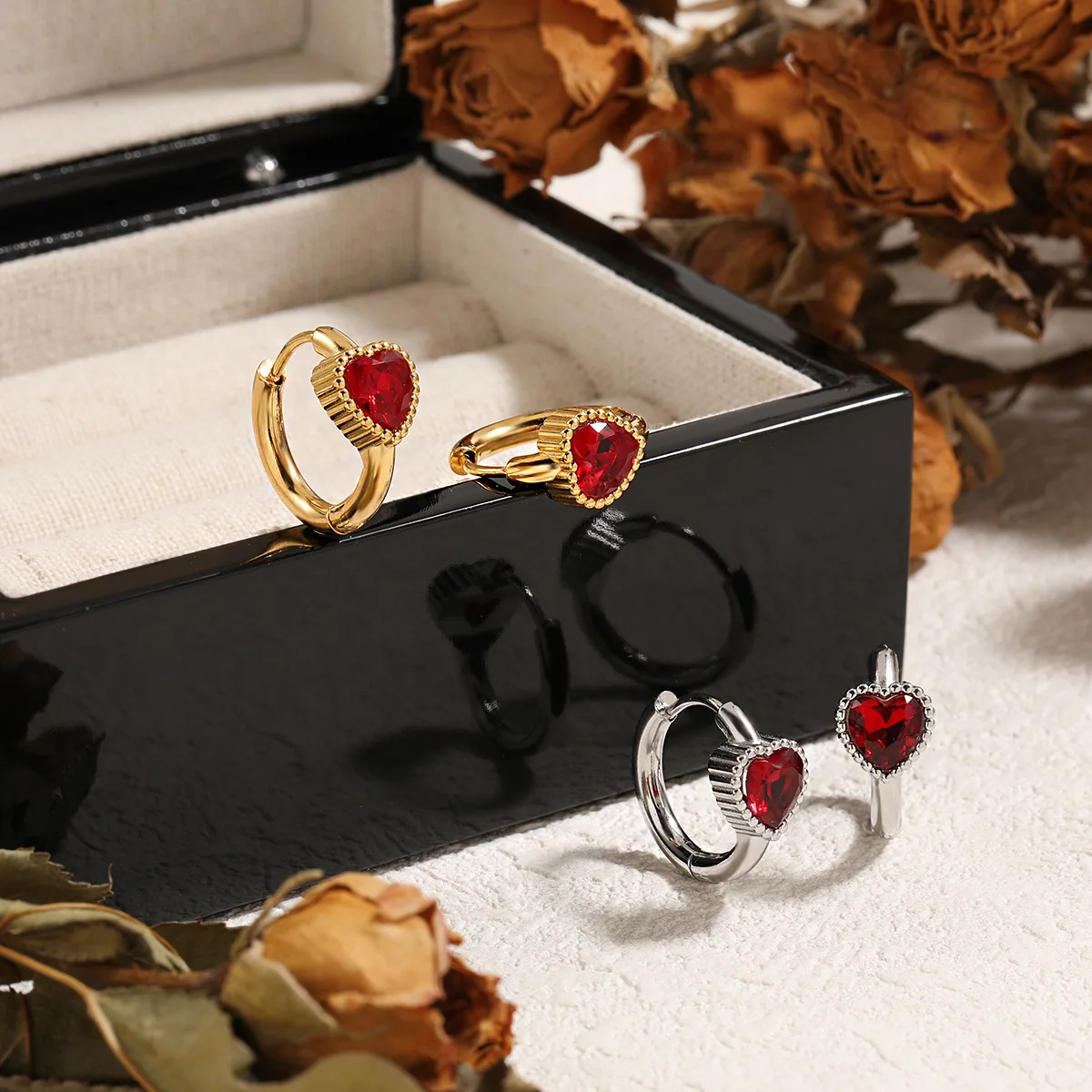 Shiny Red Love Heart Zircon Stainless Steel PVD Gold Plated Hoop Earrings Daily Fashion Accessories Girft for Studendts Women