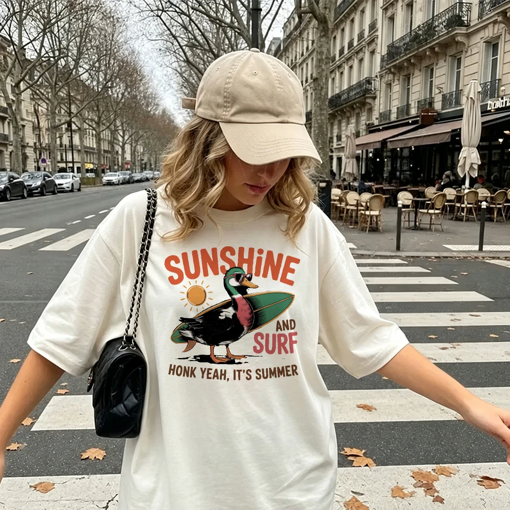SUNSHINE AND SURF Duck Graphic T Shirt Summer Vintage Unisex Cotton Tee Surfing Animal Print Casual Short Sleeve Top