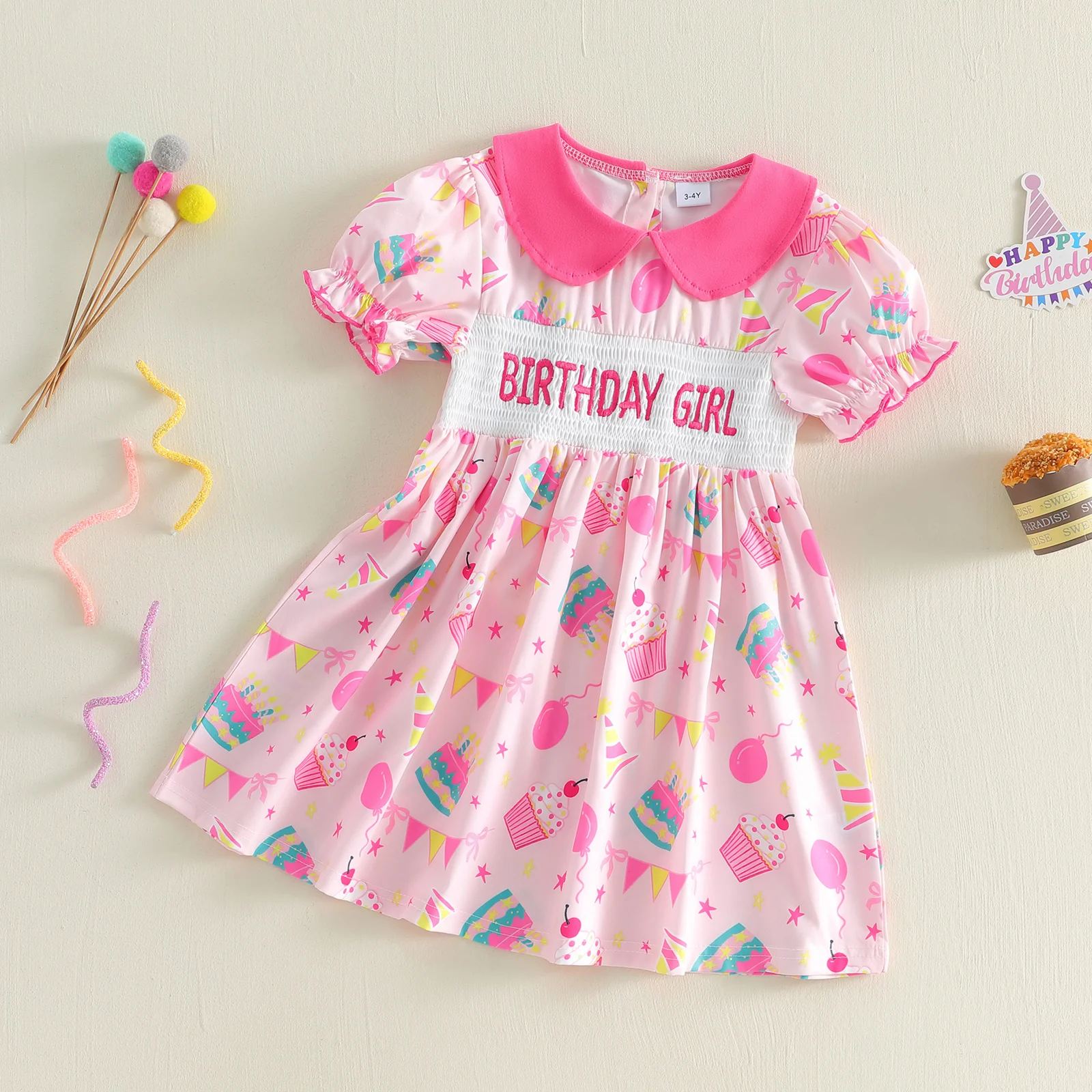1-5Y Summer Toddler Baby Girl Birthday Dress A Line Letter Embroidered Birthday Theme Print Doll Collar Short Sleeve Dress