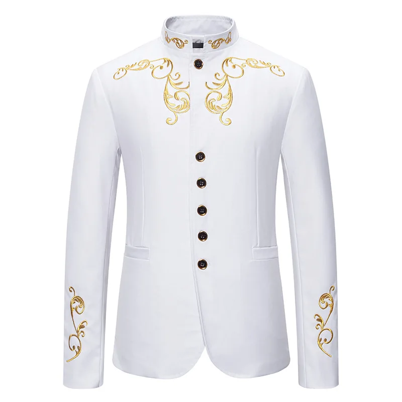 D16 Autumn and winter men\'s fashion stand collar embroidery wedding casual slim fit single breasted suit groom best man