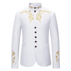 D16 Autumn and winter men's fashion stand collar embroidery wedding casual slim fit single breasted suit groom best man