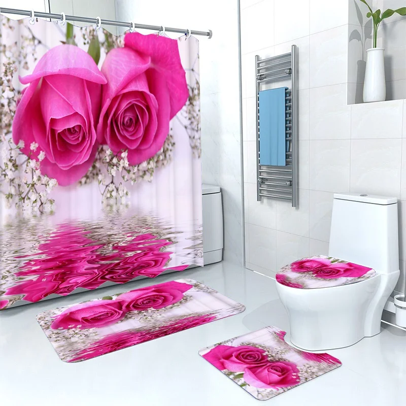 

Elegant Pink Rose Bathroom Four-Piece Set - Stunning 3D Floral Design with Vibrant Pink Roses and Delicate Petals, Perfect