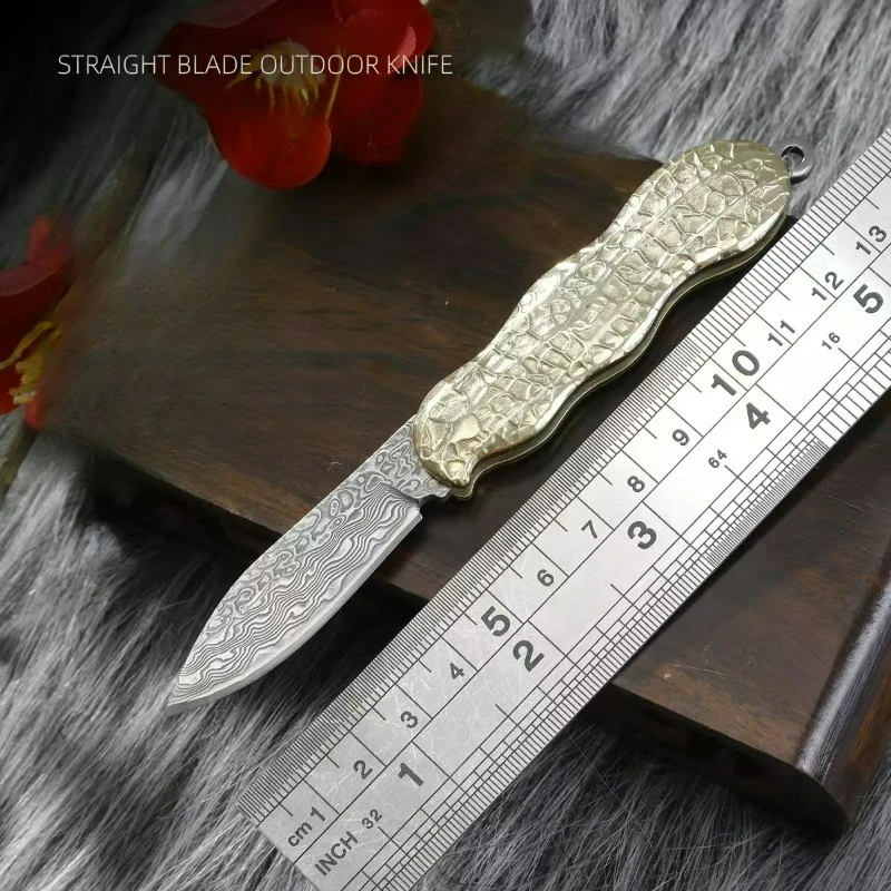 

Brass peanuts pocket folding knife Damascus blade edc multitool knives utility Daily at home outdoor bushcraft tactical knife
