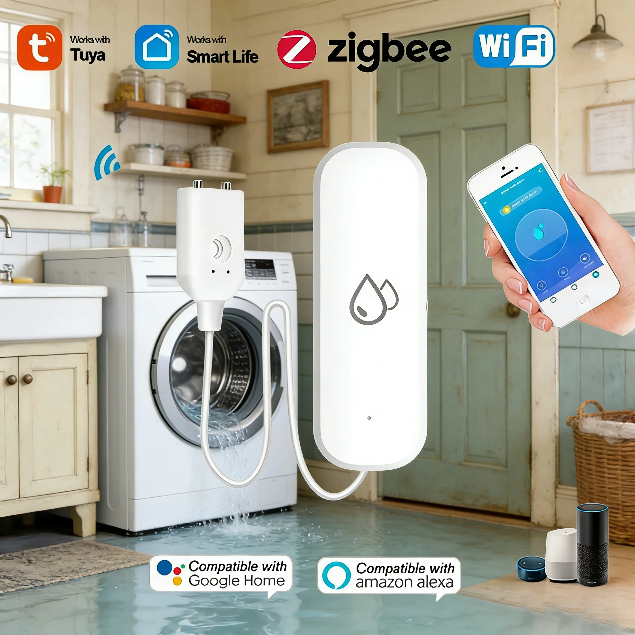 Tuya WiFi Zigbee Water Leakage Sensor Flood Detector Smart Life APP Remote Alert Overflow Alarm Home Security Water Leak Detect