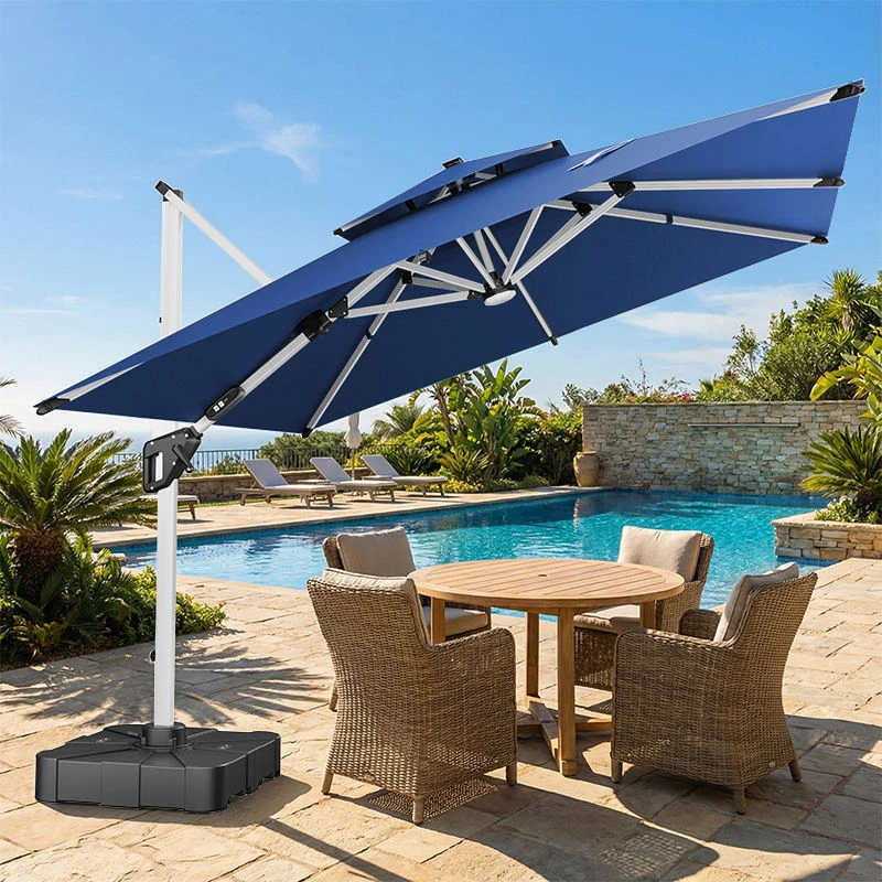 Offset Cantilever Patio Umbrella LED Lights Double Tier Outdoor Parasol Poolside Garden Sunshade Cantilever Umbrella with Base