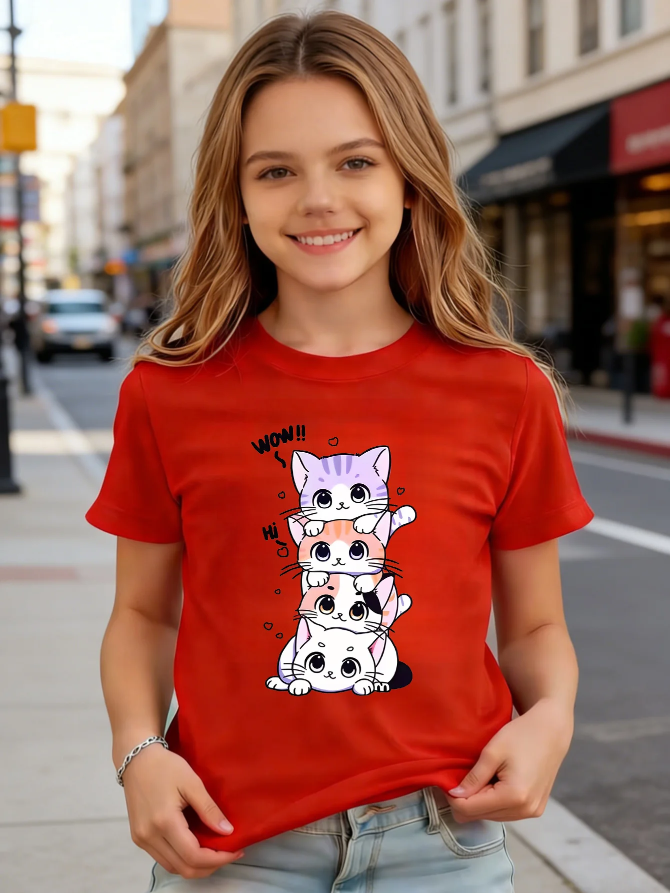 Stacked Cute Kittens Kids Tee Cartoon Cat Print Boys Girls Family Matching Cotton Summer Short Sleeve Basic Children Tshirt