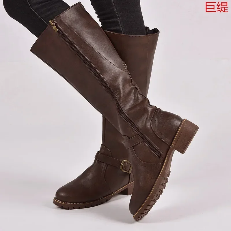 Plus-size thigh-high knight boots Vintage women's fashion boots with square heels and round heads