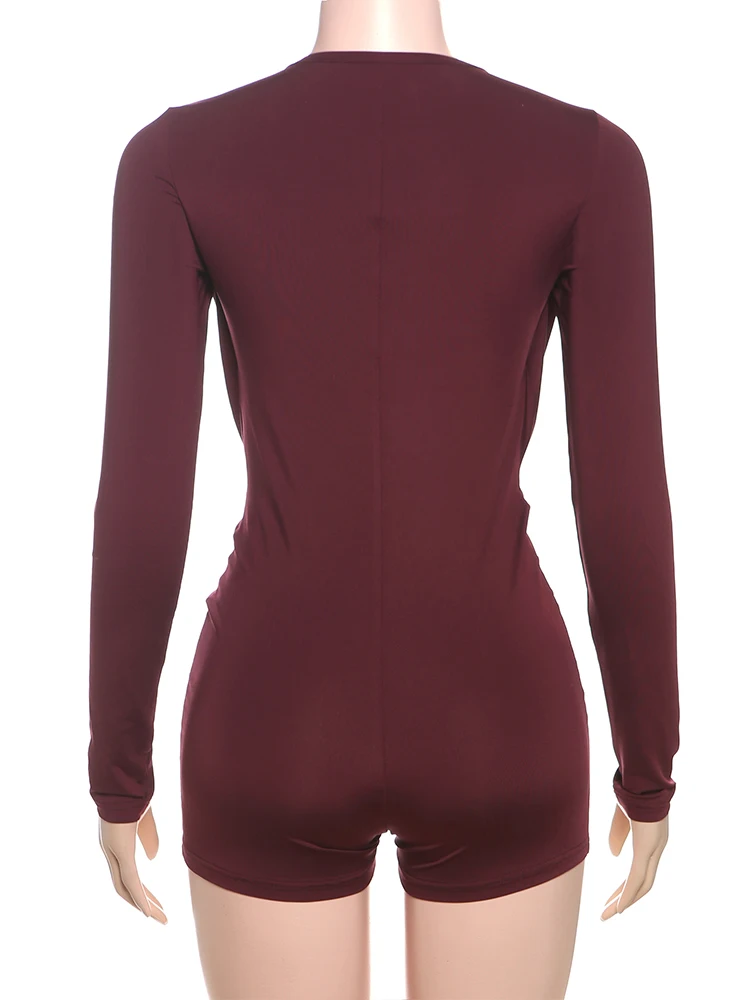 Sisterlinda Playsuits mit schwingendem Ausschnitt für Damen, einfarbig, mit Metalleinsatz, Ausschnitt, volle Ärmel, Stretch, sexy, schmal geschnitten, schick, trendige Clubwear – Detail 15
