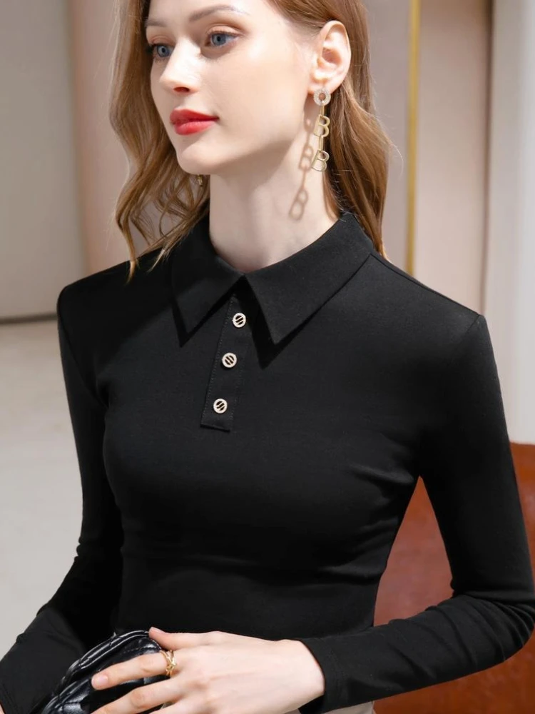 Women Polo Collar Long Sleeve T-Shirt Solid Color Button Up Base Layer Top Elegant Fall Winter Slim Fit Inner Wear