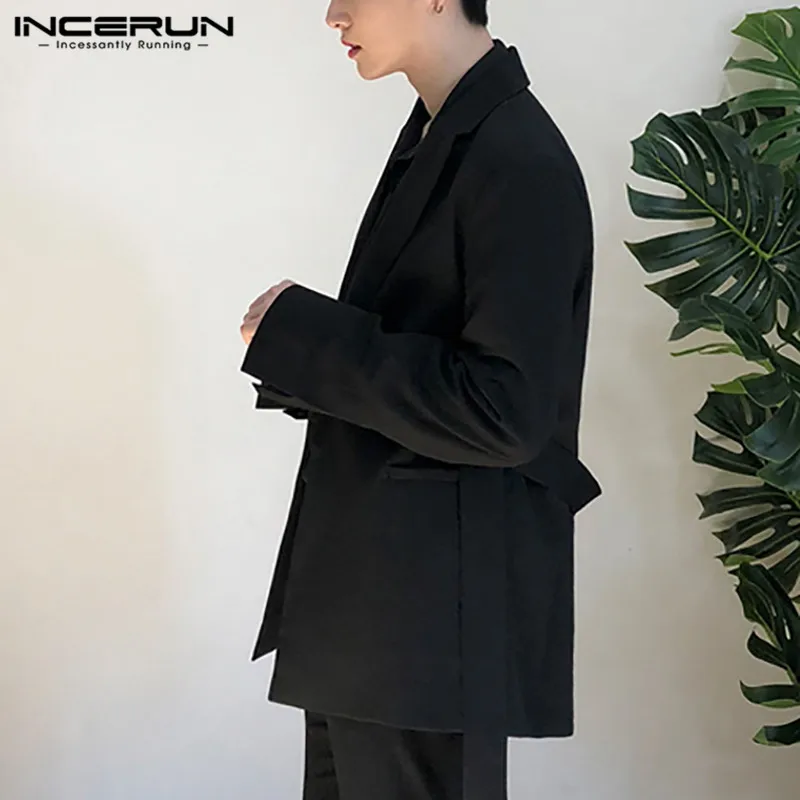 

Men Blazer Solid Handsome Korean Style Streetwear Lapel Fashion Casual Suit With Belt Long Sleeve Men Outerwear INCERUN S-5XL