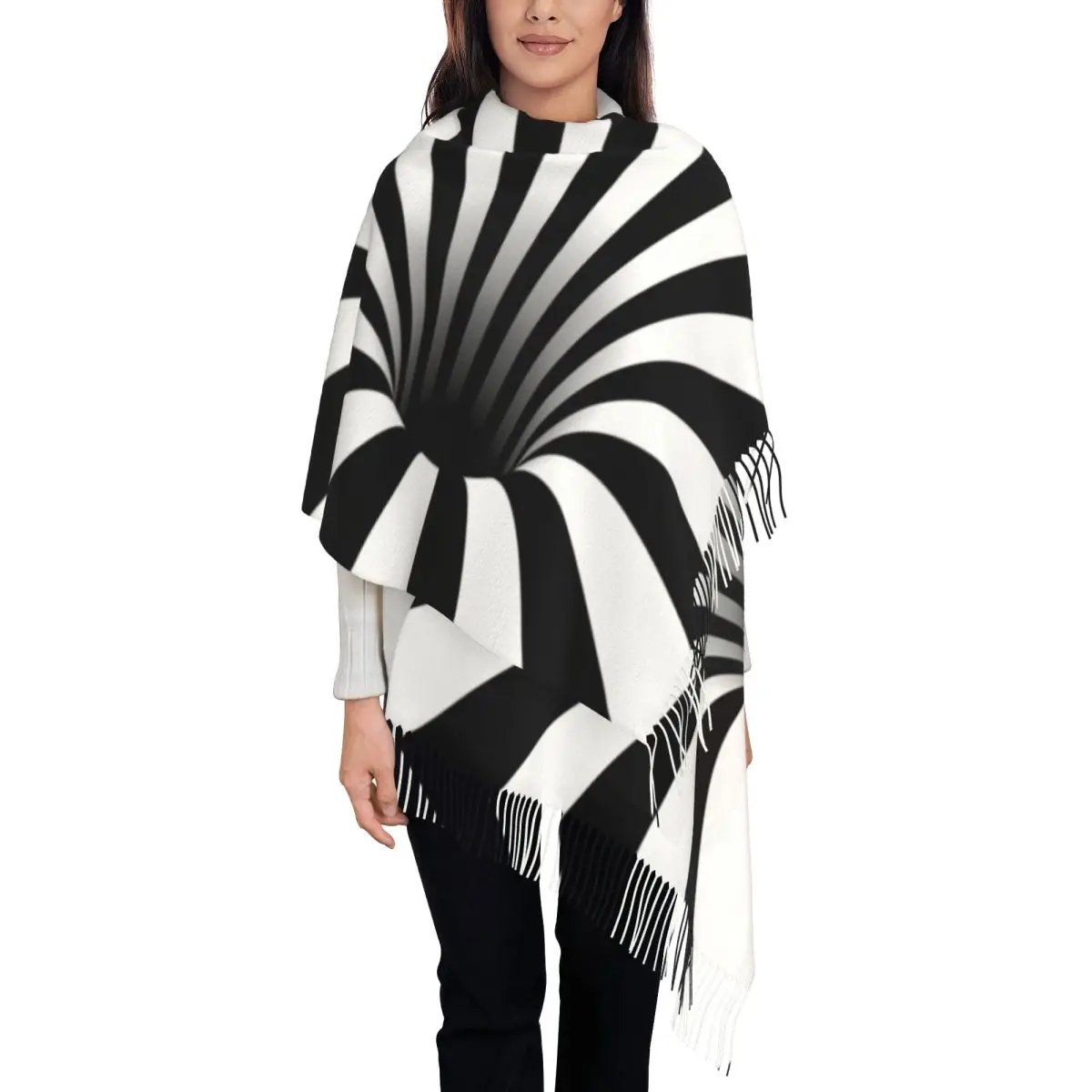 

Напечатанный на заказ абстрактный шарф с черными отверстиями для мужчин и женщин, зимние теплые шарфы, оптическая иллюзия, черно-белые линии, шали, накидки