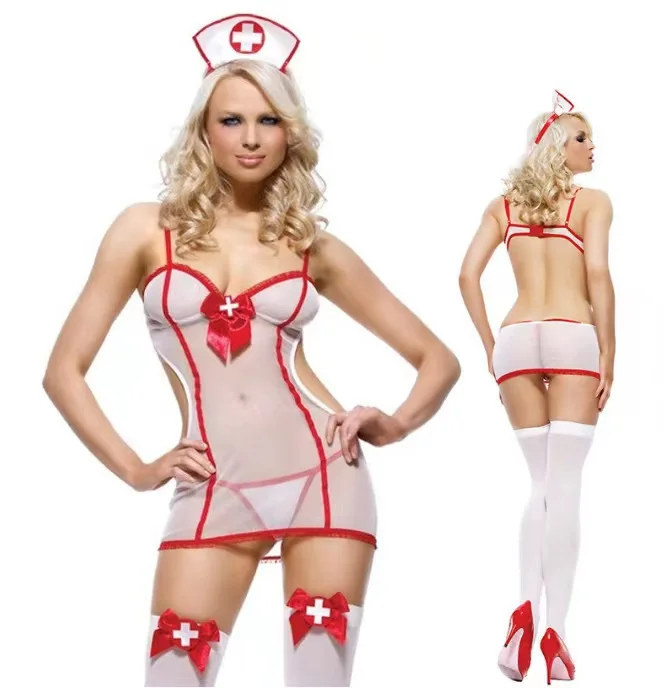 Women Sexy Lingerie Low-Cut Tied Cosplay Nurse Dress Underwear Costume Cosplay Palace Servant Hot Babydoll Lace Erotic Role Play