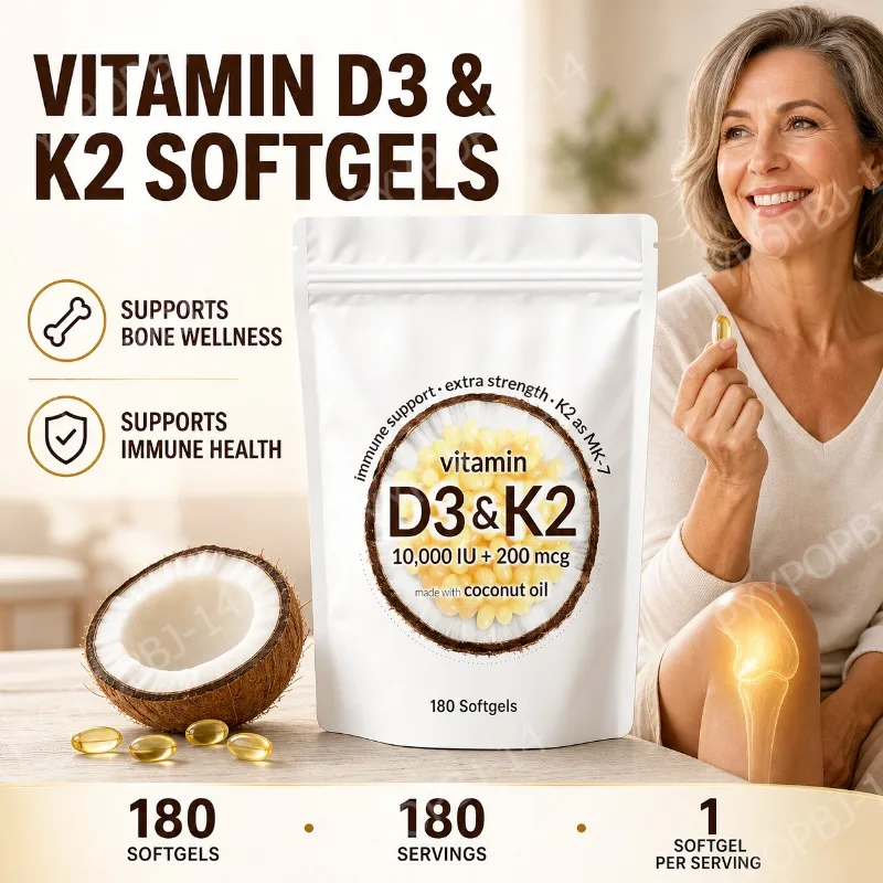 Vitamin D3 K2 MK-7 Softgels 10,000 IU + 200 mcg with Coconut Oil, Extra Strength Bone and Immune Wellness Support, 180 Softgels