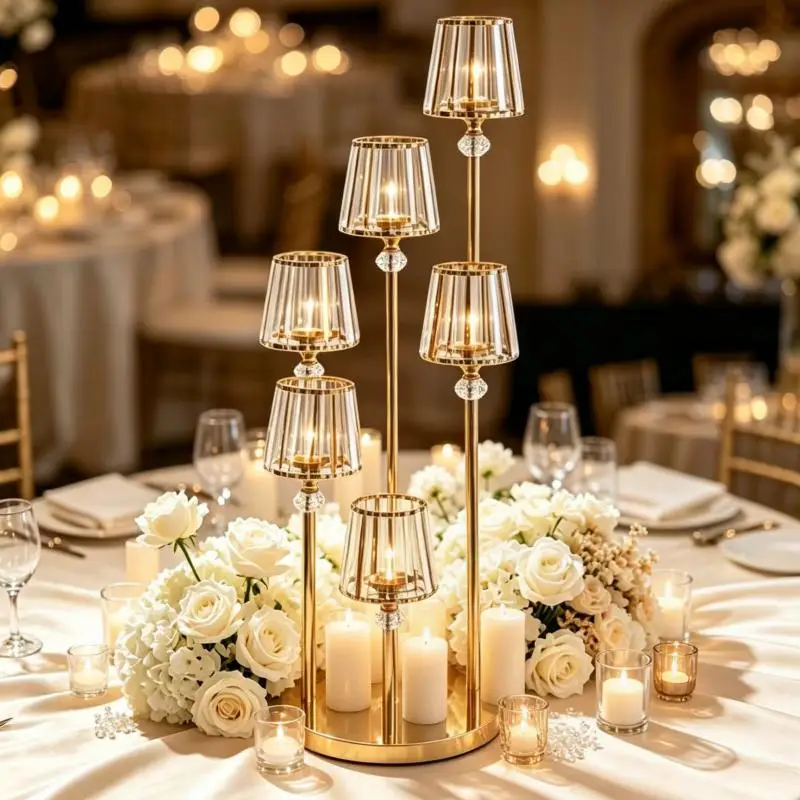 Multi-Head Candle Stand 6 Heads Acrylic Pendant Candelabra Metal Candle Holder for Wedding Stage Hall Walkway Table Decorations