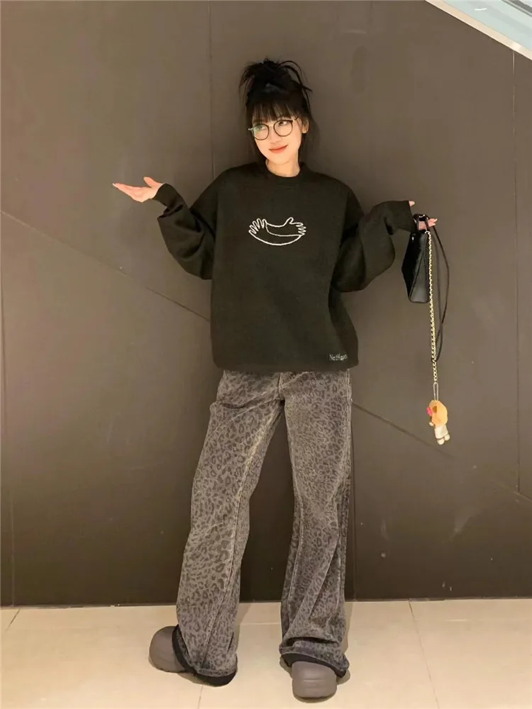 

American Vibe Dark Leopard Print Wide Leg Jeans Women's Spring Autumn High Waist Slimming Taller Extended Straight Leg Pants