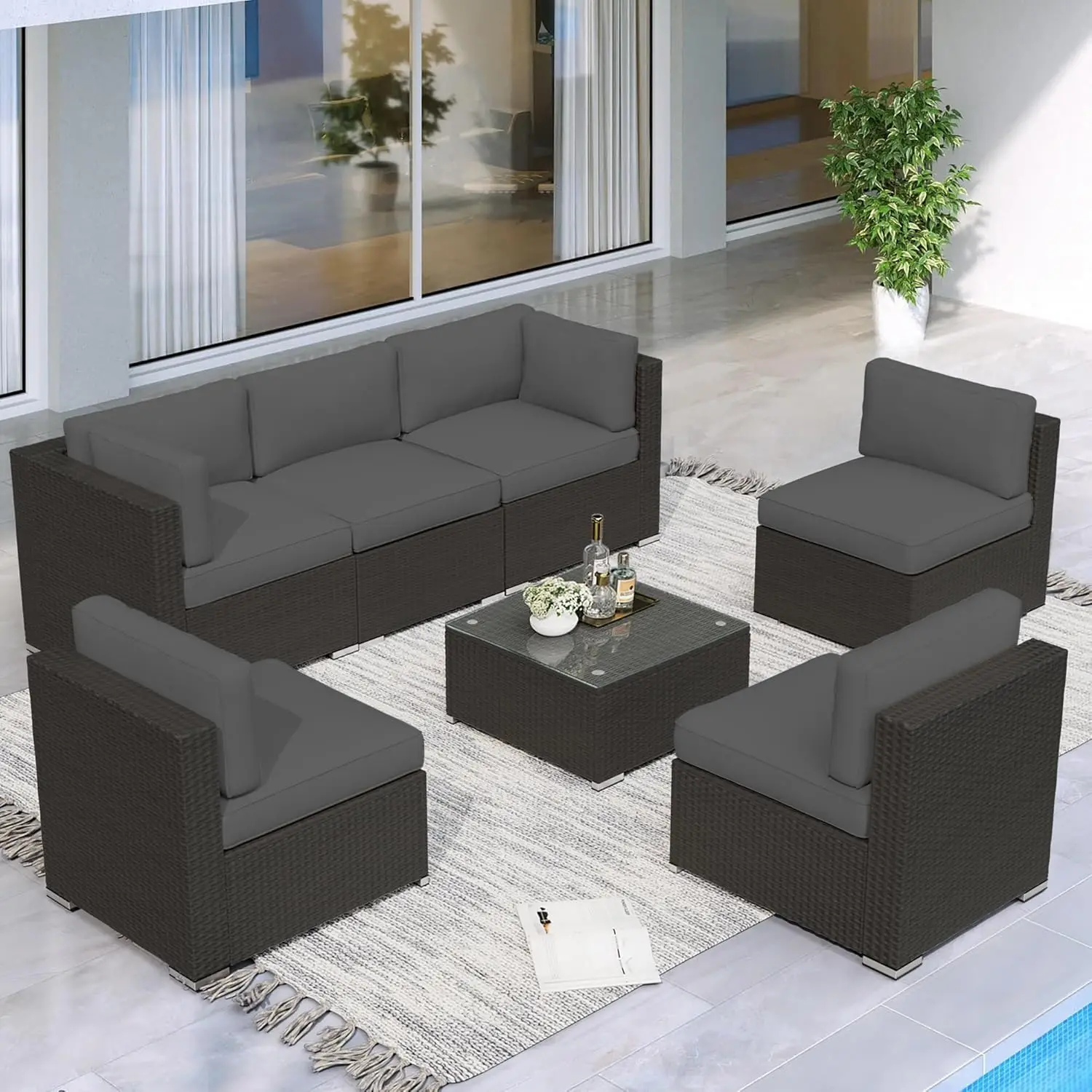 PE Rattan Wicker Sofá com almofada lavável e mesa de vidro, Sofá secional ao ar livre, Pátio All-Weather