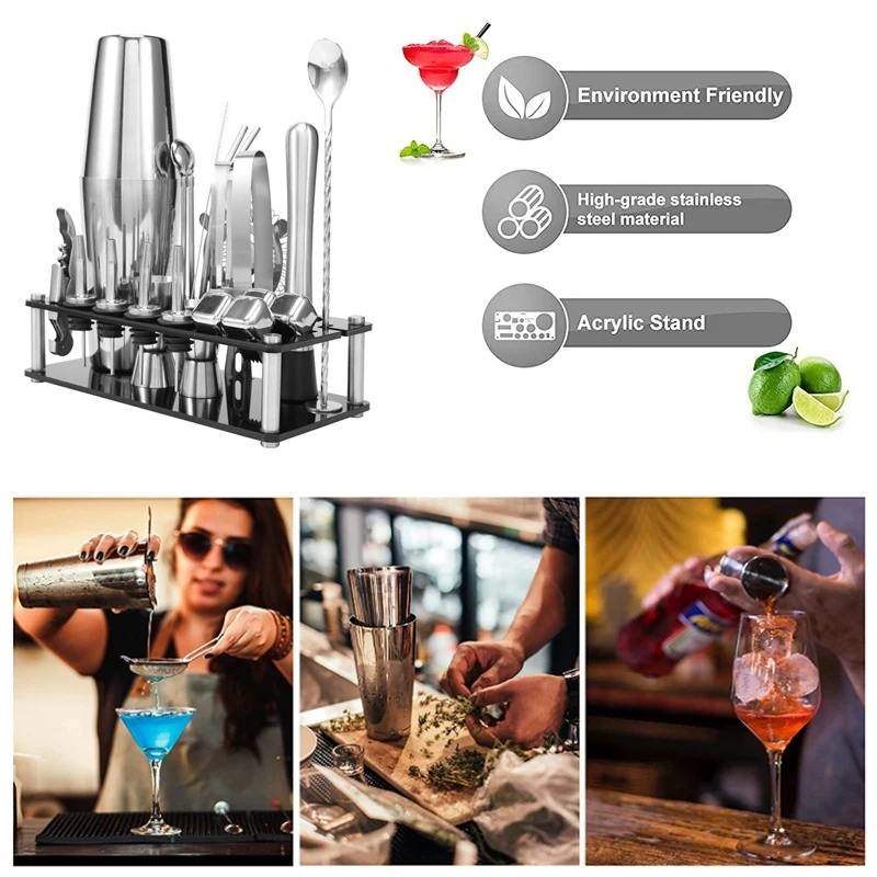 Cocktail Shaker Set, Boston Stainless Steel Bartender Kit With Acrylic Stand & Cocktail Recipes Booklet