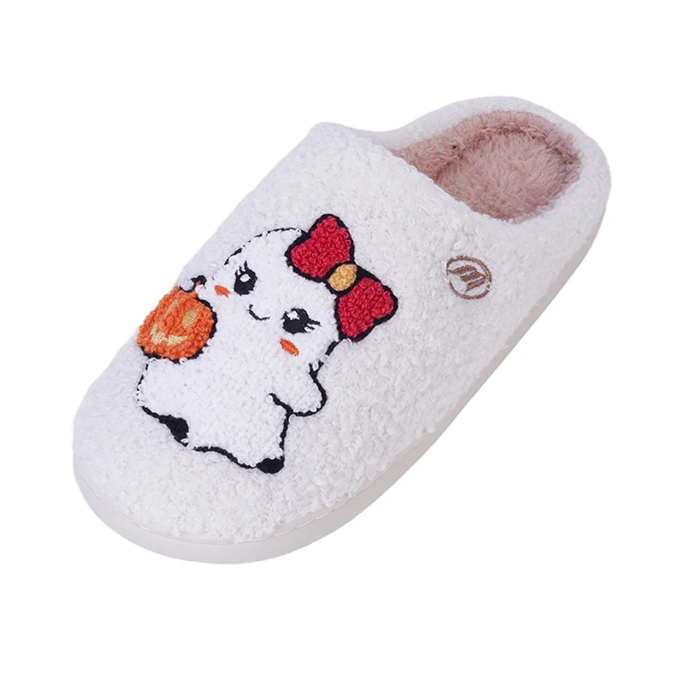 Sandal Rumah Boneka Hantu Lucu, Sandal Termal Datar, Sandal Rumah Bulu Halus yang Nyaman, Sandal Bulu Lembut Anti Selip untuk Kamar Tidur Dalam Ruangan