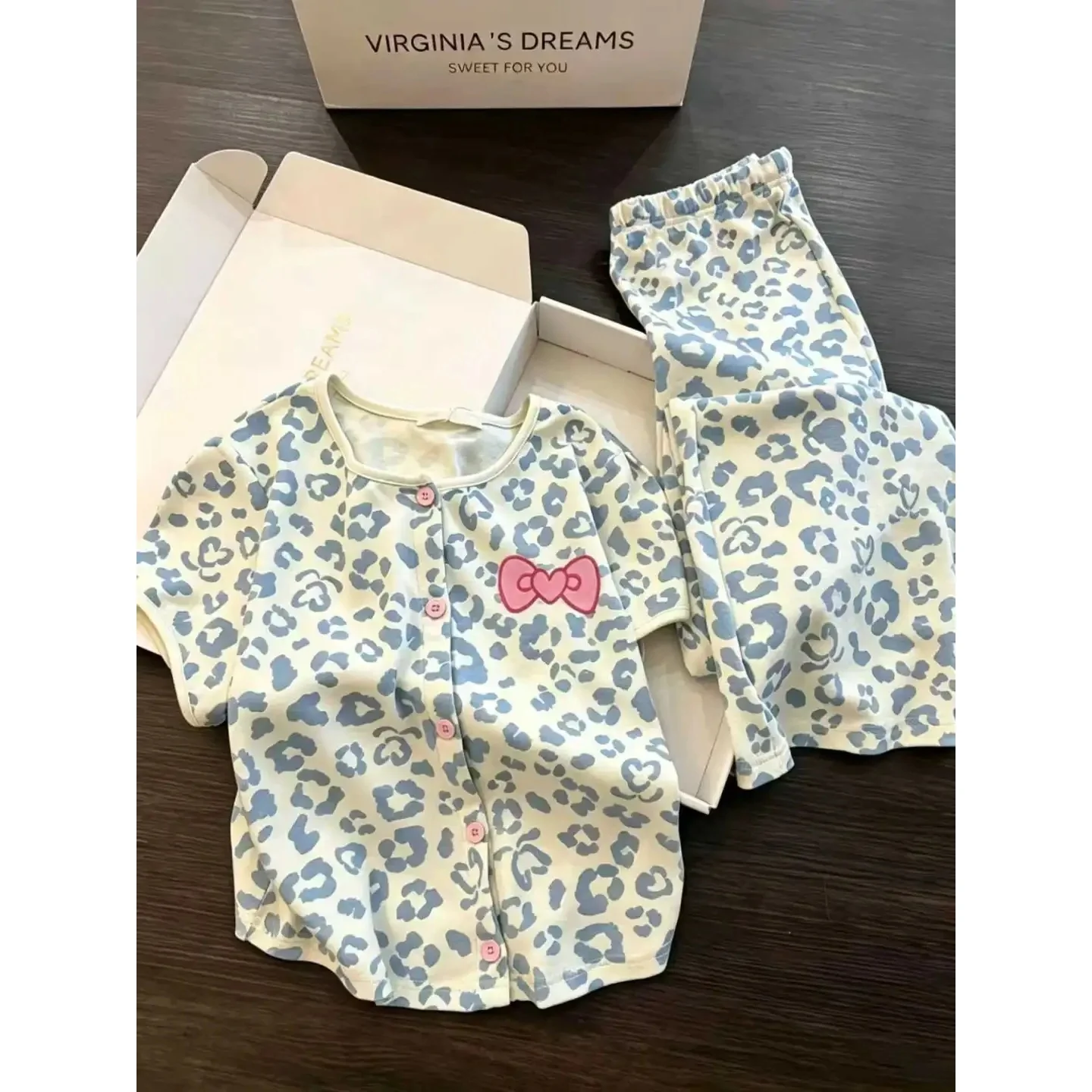 

Summer New Cloud Cotton Sleepwear Women's Blue Leopard Print round Neck Open Cardigan Short Sleeve Shorts Set Sweet Home Clothes