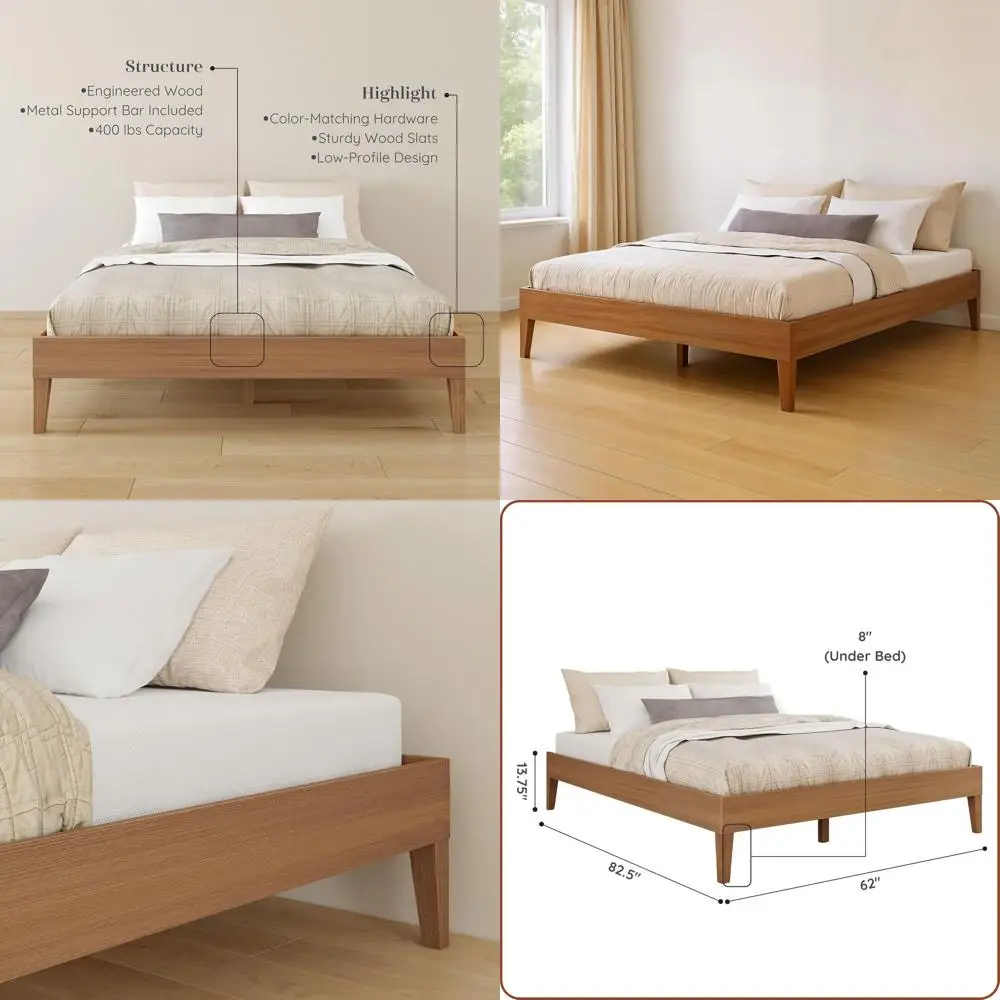 

Queen-Sized Oak Veneer Platform Bed with Bear-Inspired Design